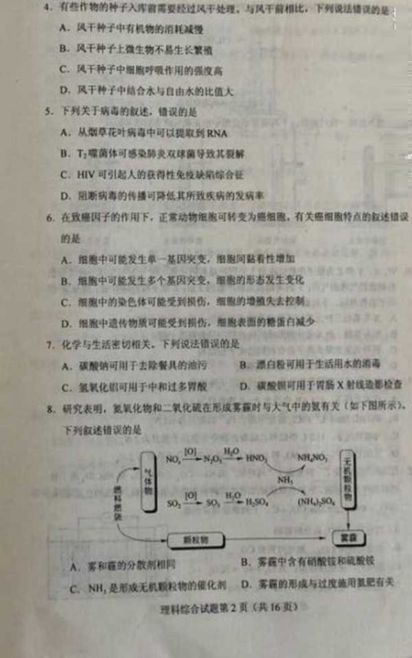 宁夏高考理综试题